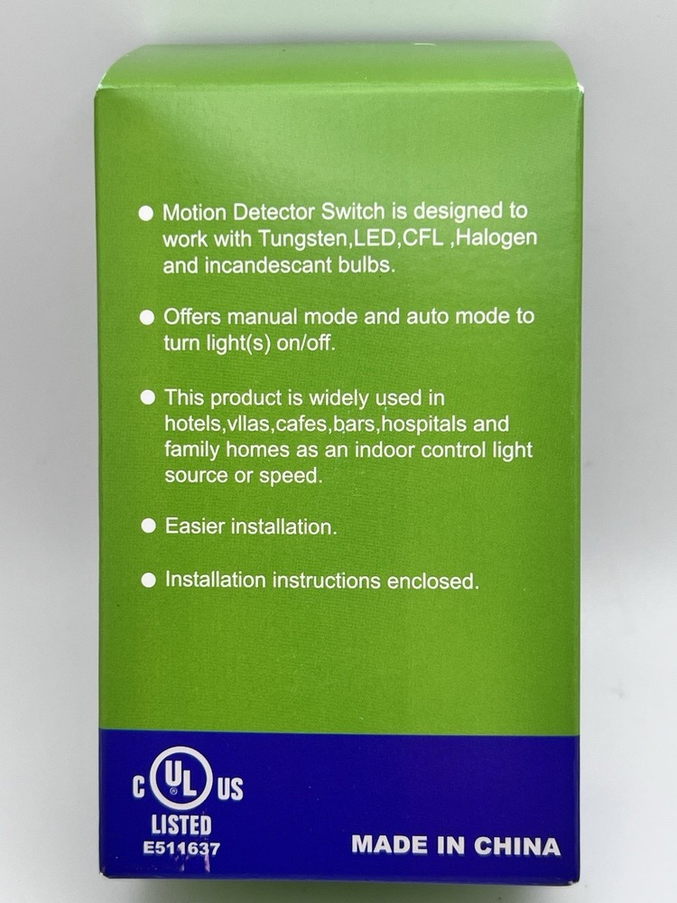 Motion Sensor Light Switch, Wall Plate Included, White, UL Listed