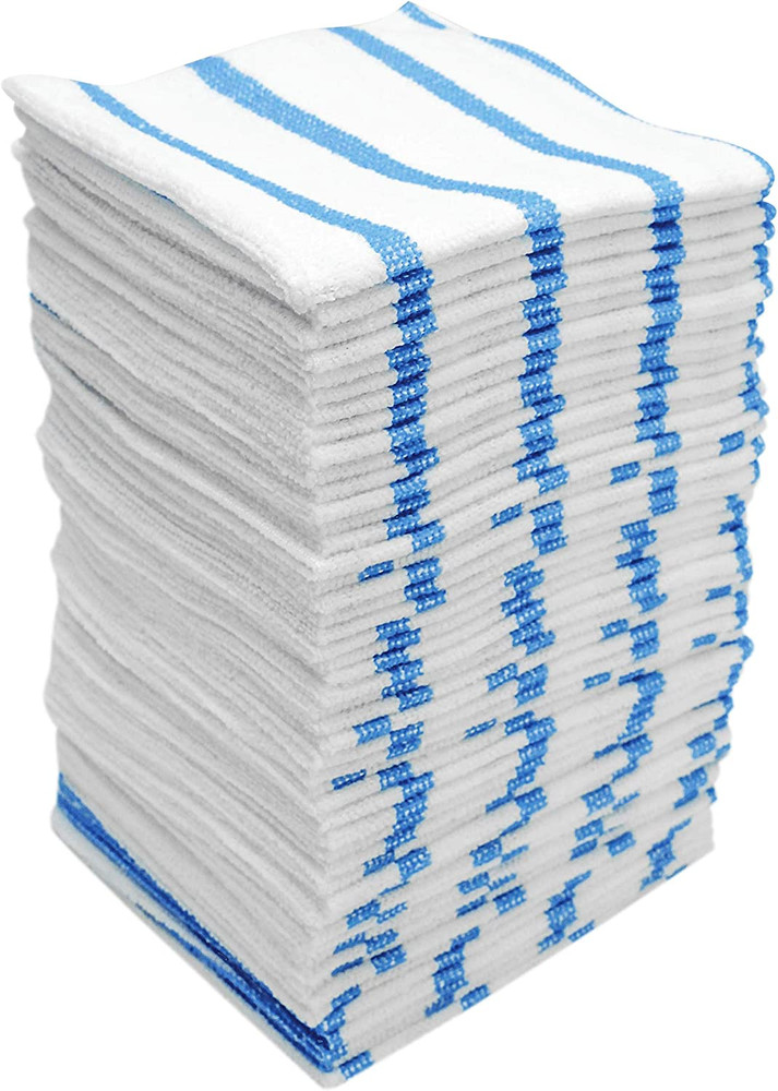 Bar Mop Towels, Bulk Edgeless Microfiber - White and Blue Stripe, 50 Pack