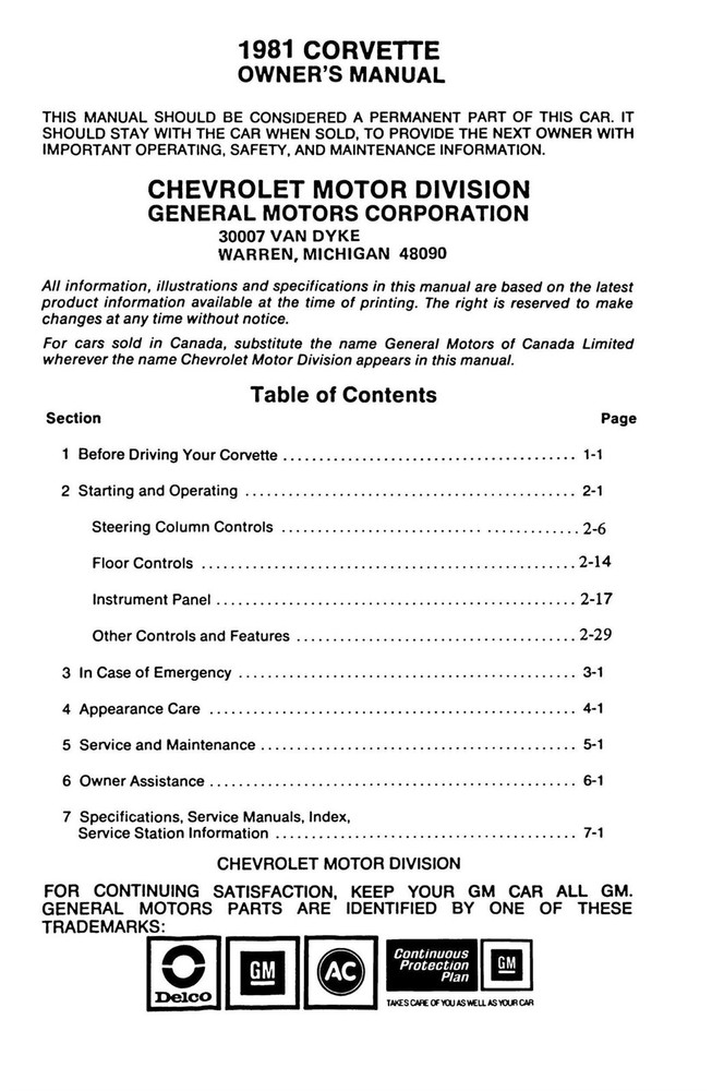 1981 Chevrolet Corvette Owner's Manual