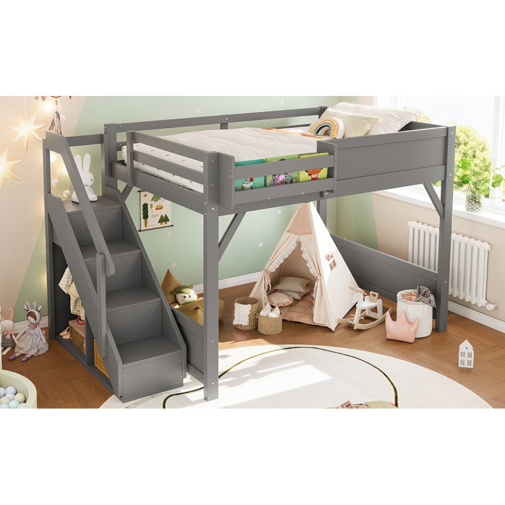 Full Loft Bed with Built-in Wardrobe & Storage, w/Ladder & Desk, Solid Wood