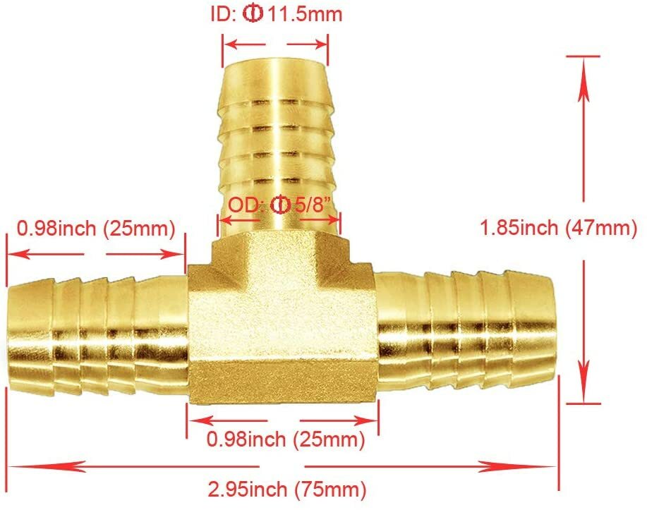 5/8"ID Hose Barb Tee 3 Way Updated QualityUnion Fitting Intersection/Split Brass