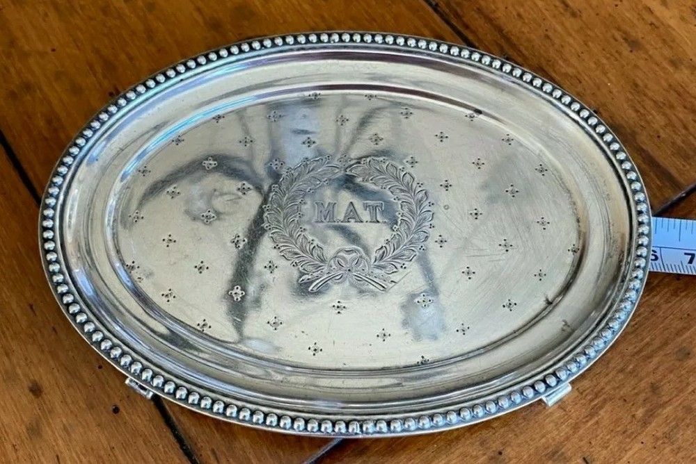 Antique Sterling Silver Footed Mini Tray w Beaded Edging & Engraved Monogram