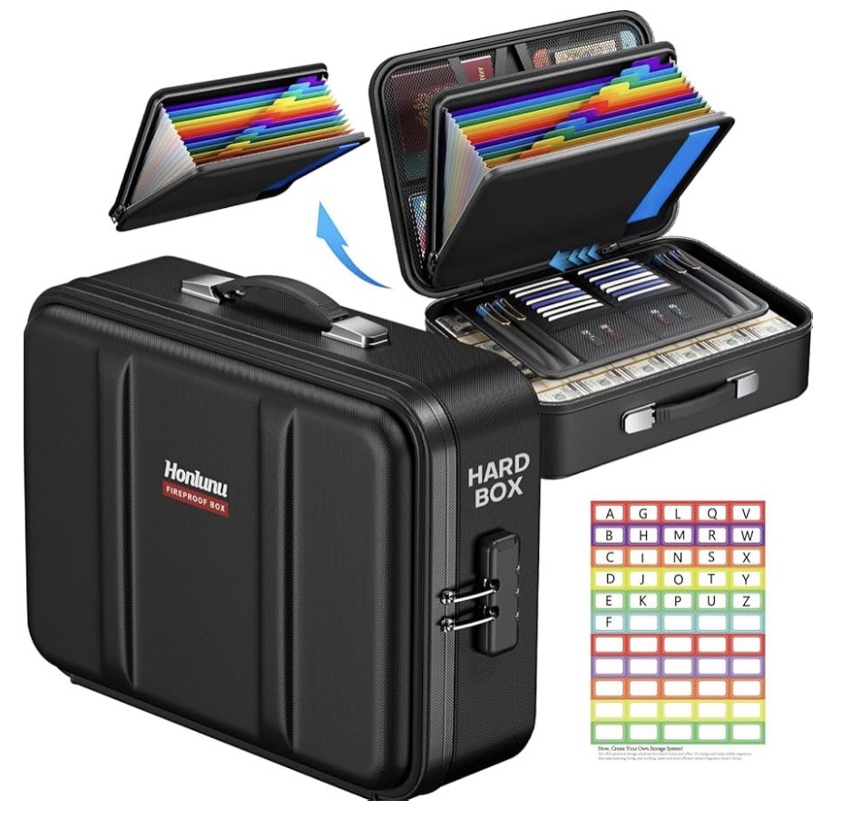 Fireproof Document Box, Hard Case Fireproof Document Organizer with Lock, Water