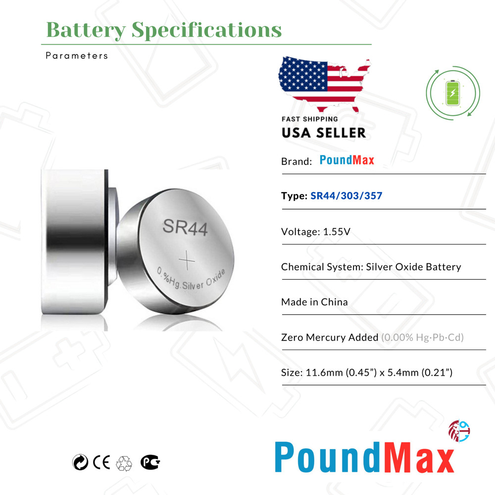 PoundMax SR44 / 303 / 357 Batteries 1.55v Silver Oxide Battery - 10 Count
