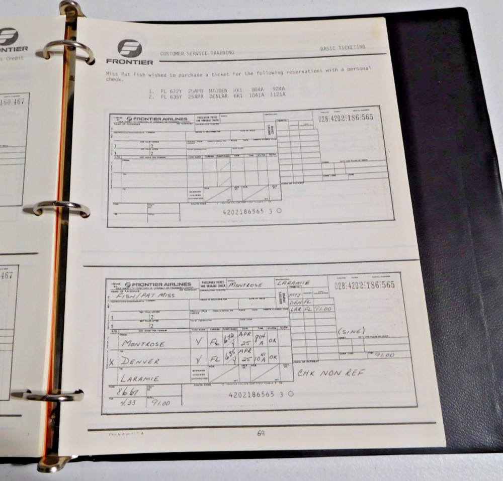 RARE VINTAGE FRONTIER AIRLINES 1982 BASIC TICKETING PROGRAMMED INSTRUCTION BOOK