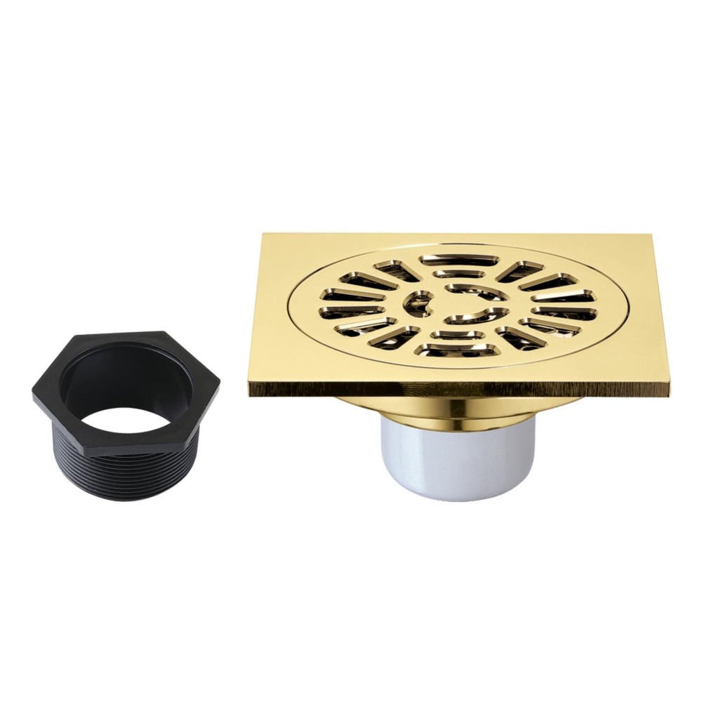 4" Brass Square Grid Shower Drain with Hair Strainer, Polished Brass