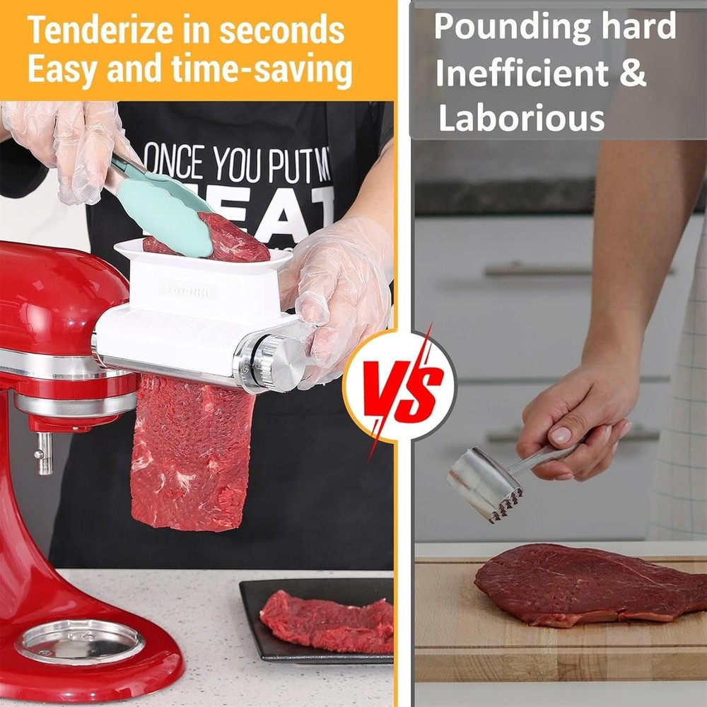Adjustable 3 Thickness Meat Tenderizer Attachment for Kitchenaid Mixers, Dishwas