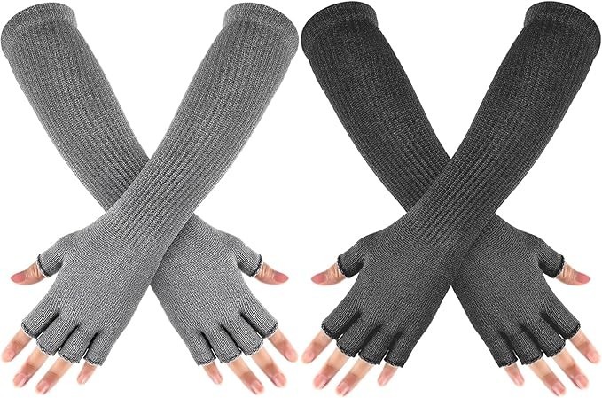 2 Pairs Winter Fingerless Mitten Long thermal Knitted Mittens Multicoloured