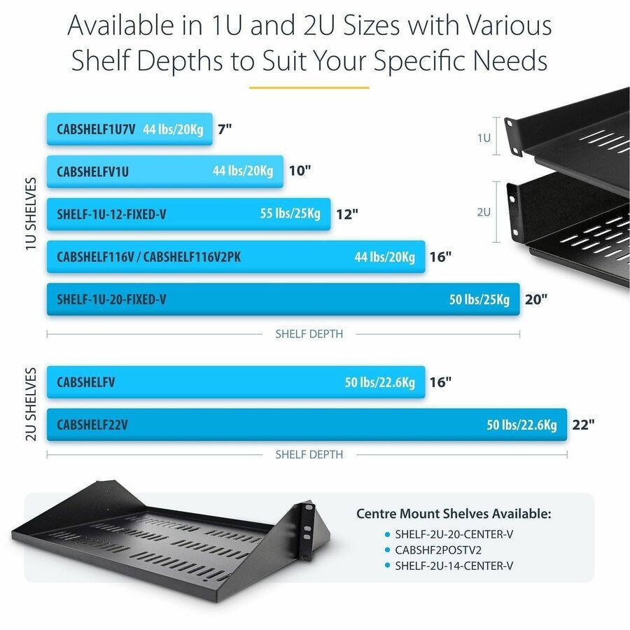 StarTech CABSHELFV 2U 16in Vented Rack Mount Shelf 50lbs