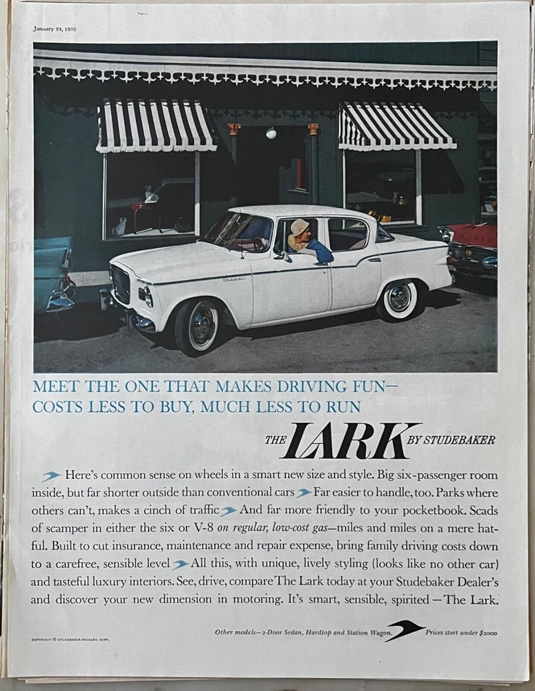 1959 magazine ad for Studebaker - The Lark, makes driving fun