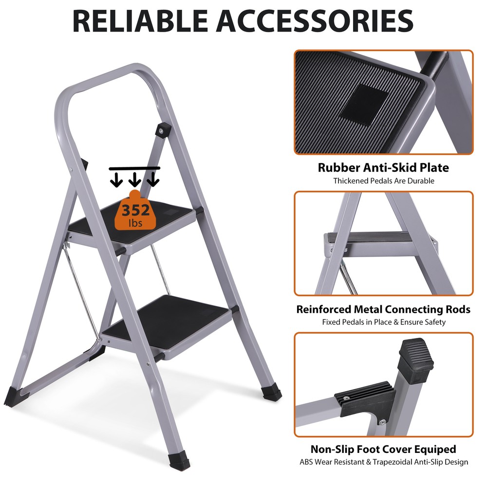 2 Step Ladder Folding Step Stool with Convenient Handgrip Handle 380 lbs Gray