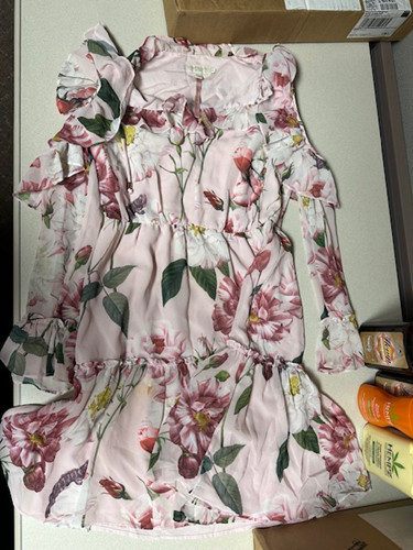 Ted Baker Cold Shoulder Pink Floral Ruffle Dress Size 2 Extra Small