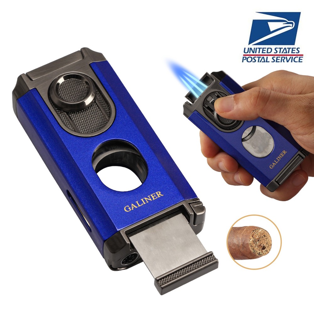 Blue Portable Jet Torch Cigar Lighter Sharp Guillotine Cutter Holder Punch Box