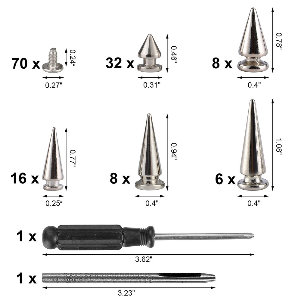 70 Sets Silver Mixed Shape Spikes and Studs Screw Back Bullet Tree Rivet Kit