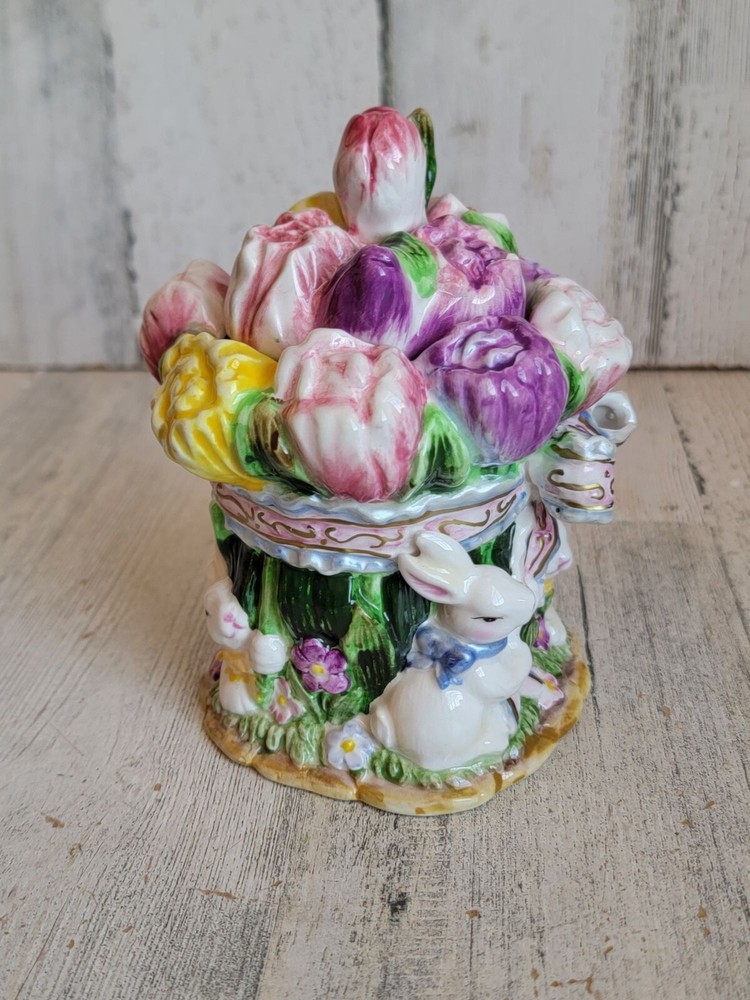 Tulips bunny vintage floral sugar container tea accessory rabbit spring