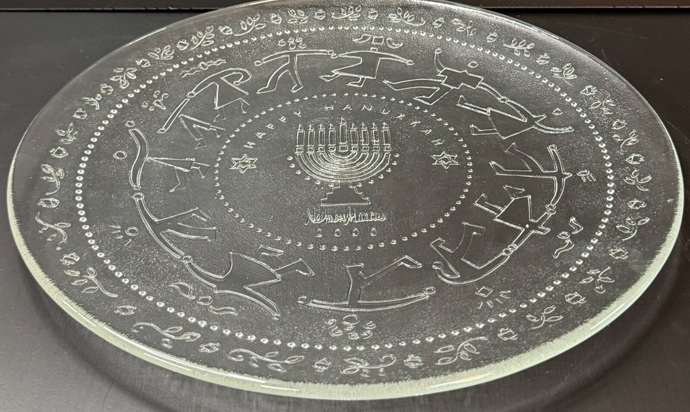 Neiman Marcus 2000 Glass Hanukkah Serving Platter Menorah design 13"