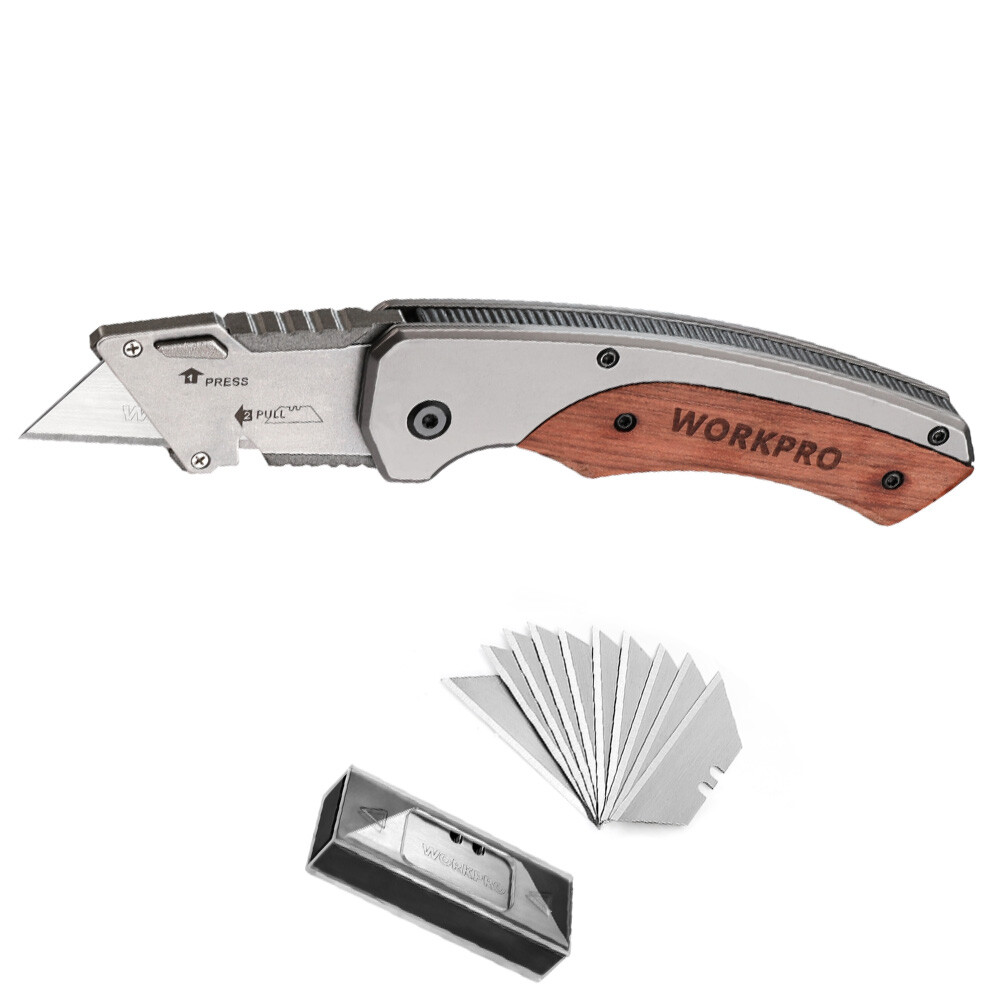 Folding Utility Knife 10PC Blade Quick-Change Box Cutter Wood Handle Razor Knife