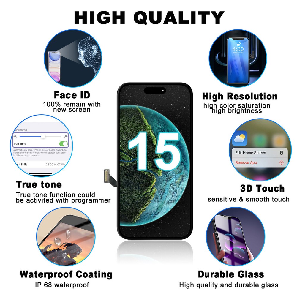 For iPhone 15 Screen 6.1" LCD Digitizer 3D Touch Display Assembly Replacement US