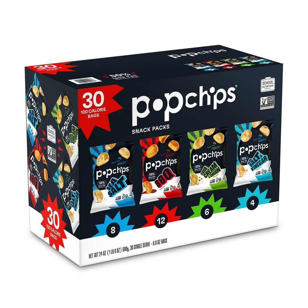 30 PACK Popchips Variety Box, 0.8 oz Bags.