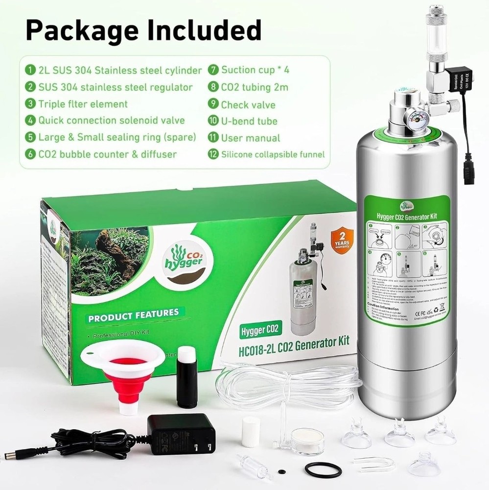 2L Aquarium CO2 Generator System, CO2 System Kit with Regulator and Needle Valve
