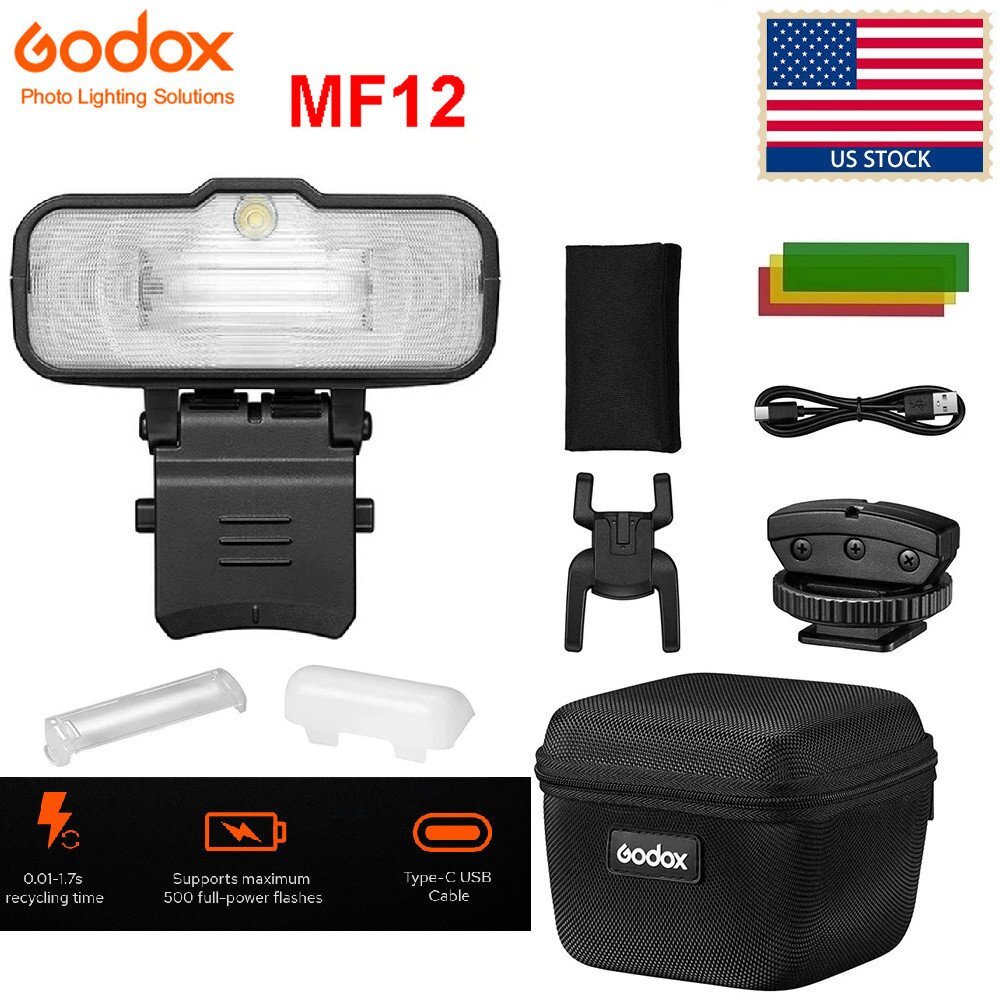 US Godox MF12 Macro Flash Speedlite Light With Battery & Color Filter Diffuser