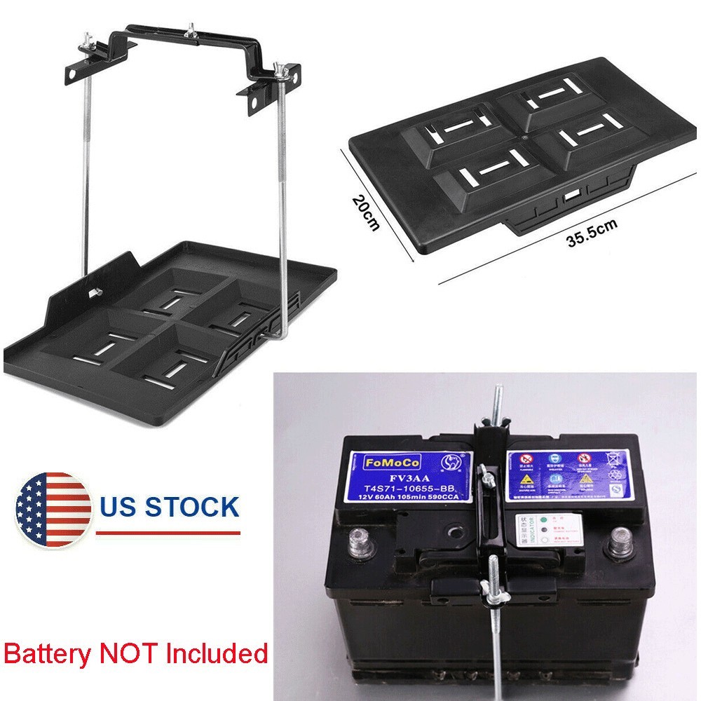Black Car Battery Tray Holder Storage & Adjustable Hold Down Clamp Bracket Kit