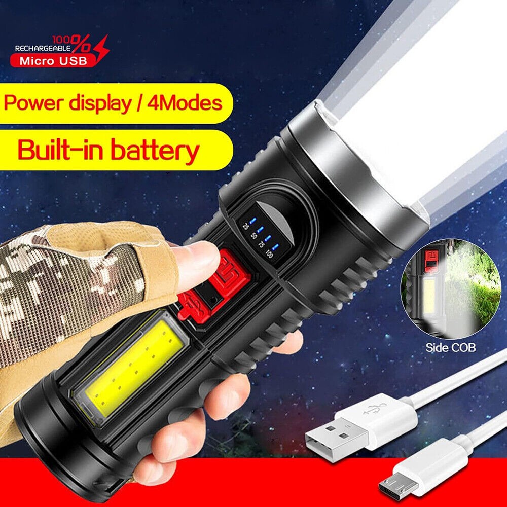 4 Modes Rechargeable Flashlight Super Bright  Multi-function  Camping COB Torch