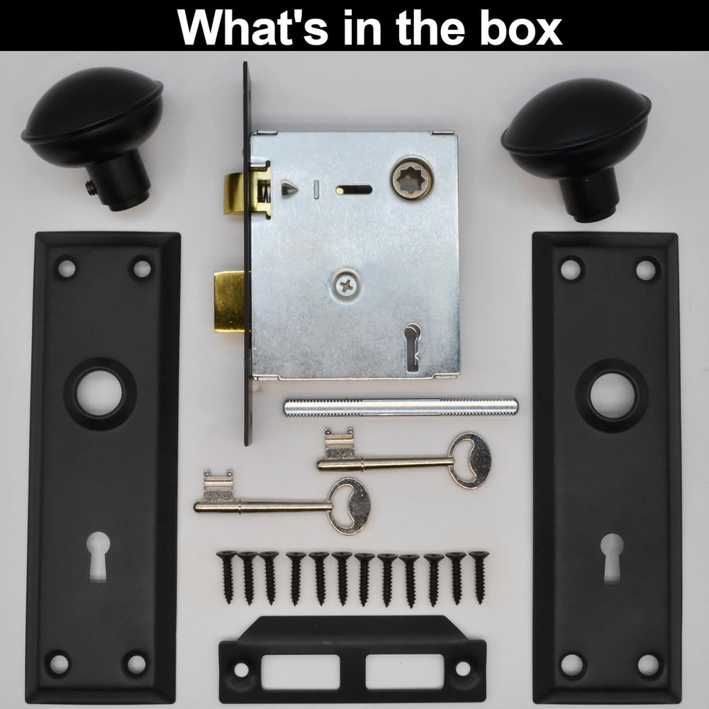 Vintage Mortise Lock Set with Skeleton Key - Black Knobs, 4 Pack