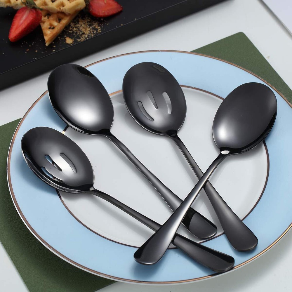 4-Piece Black Serving Spoon Set 2 Spoons and 2 Slotted Spoons Titanium Plated