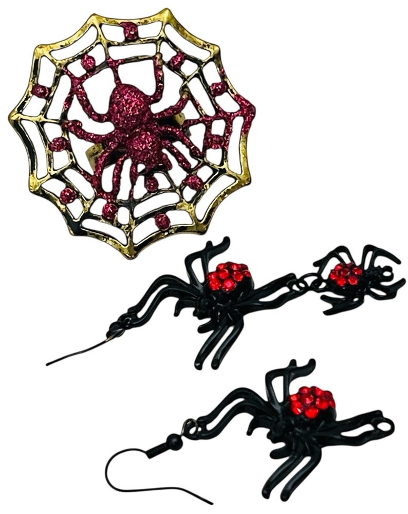 HALLOWEEN RED BLACK SPIDER EARRINGS, WEB RING ADJUSTABLE RHINESTONES WIRE DANGLE