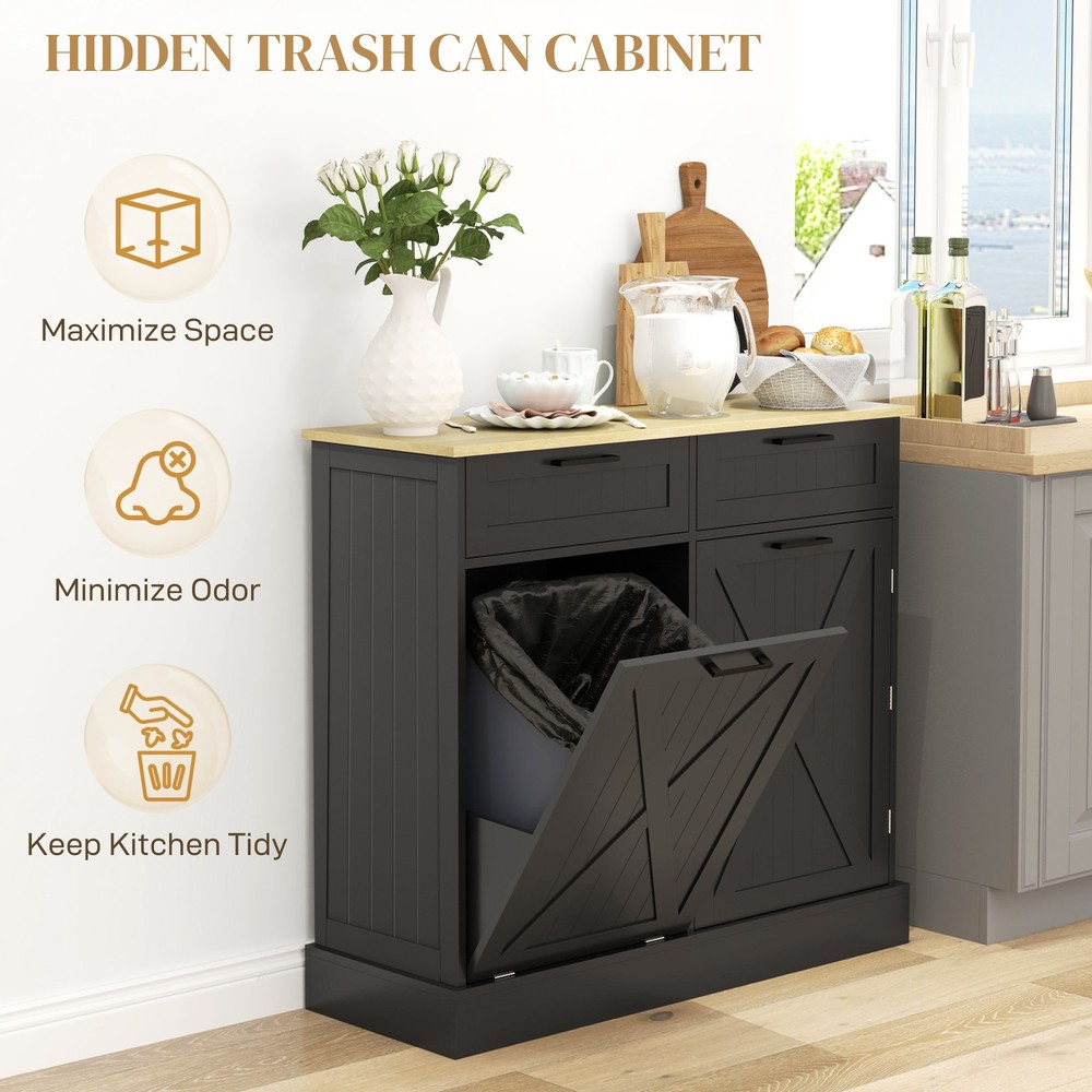 Kitchen Island with Trash Can Storage and Drawers, Black