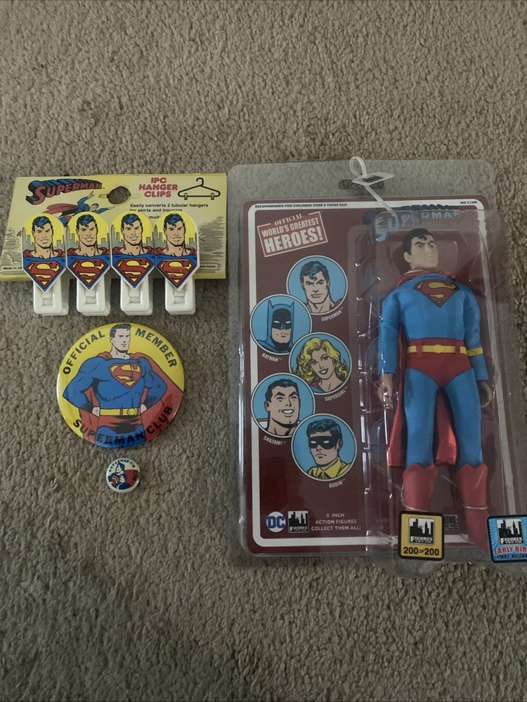 Superman Merchandise! 1940’s Pin Back,1966 Pin Back,1987 Hanger Clips,2017 Fig.