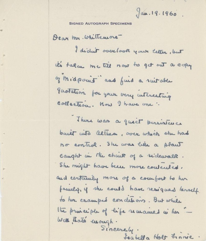 Isabella Holt- Signed Handwritten Letter Dated 1960