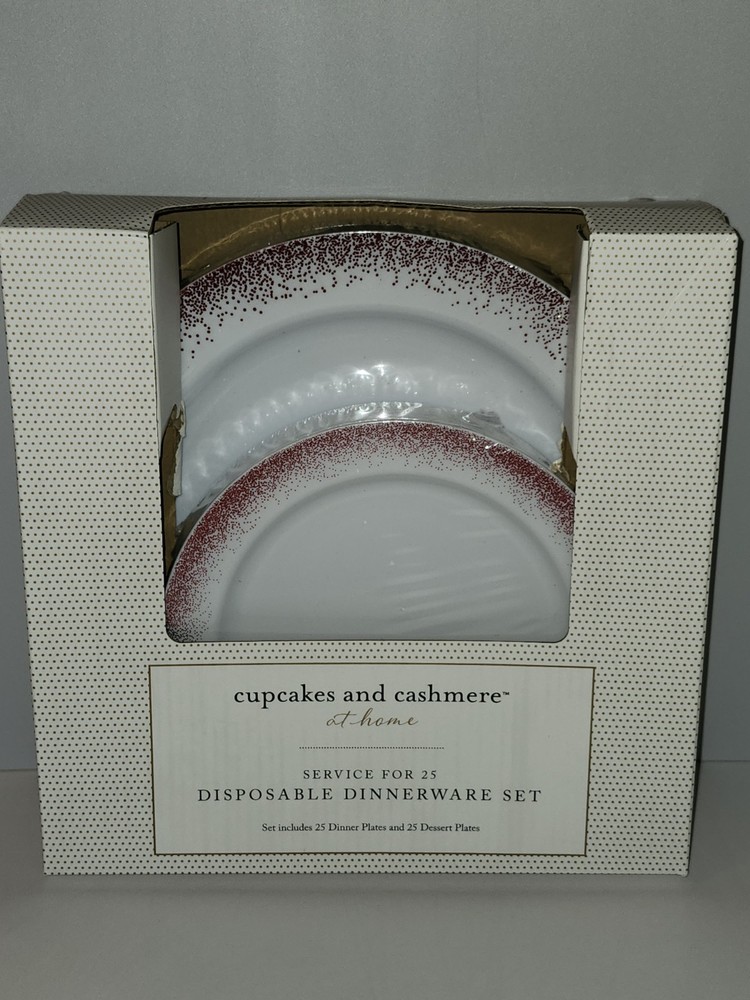 Cupcakes And Cashmere Disposable Dinnerware Set White/Red Sparkle Plastic 50 Pc