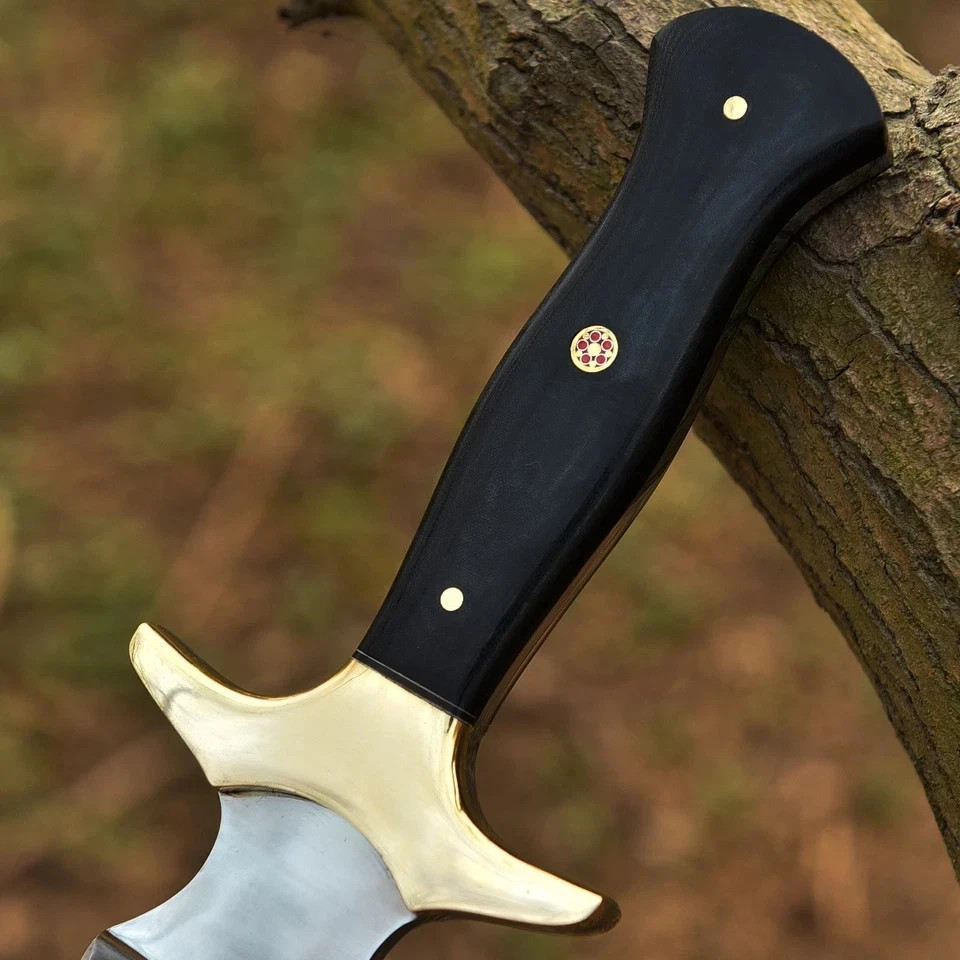 Fixed Blade Knife Symmetrical Double Edge Polished Finish Black Handle + Sheath