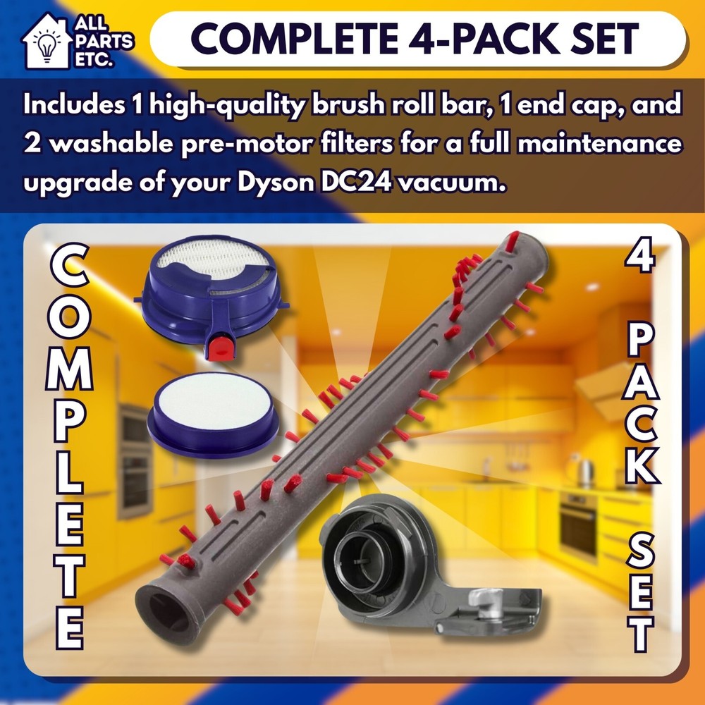 4-Pack Replacement Kit for Dyson DC24 – Brush Roll Bar, End Cap & 2 Filter
