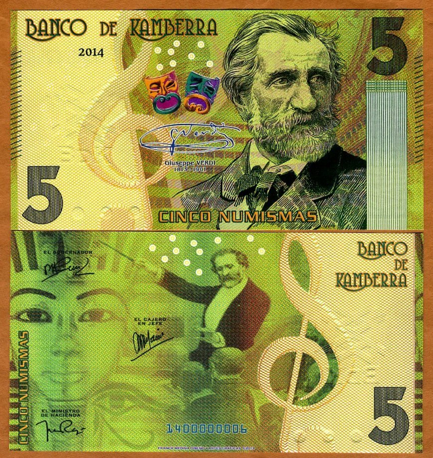 Kamberra, 5 Numisms, 2014, UNC Giuseppe Verdi Completely Redesigned in 2013