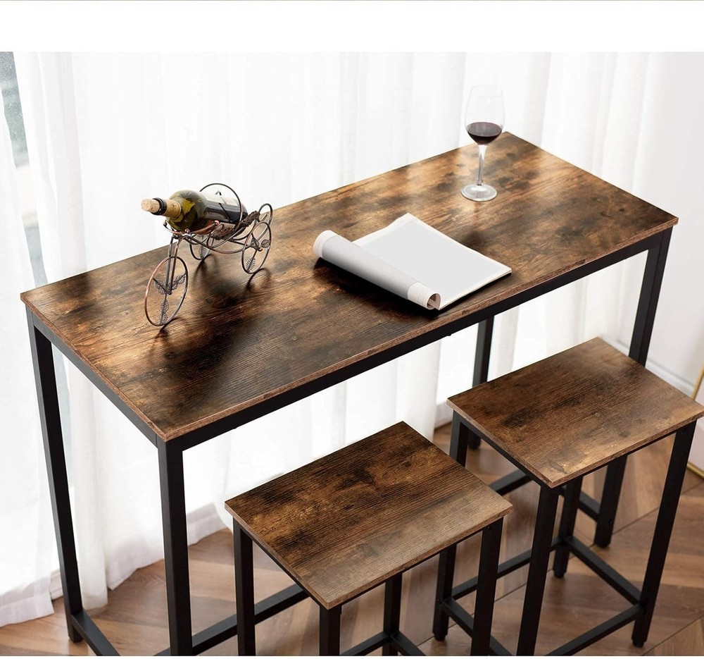 Rustic Brown Bar Table Set 3-Piece Industrial Pub 47.2" Rectangular Stools