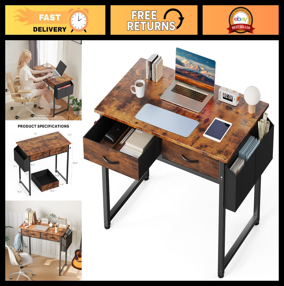 32" Home Office Computer Desk with Drawers, Small Gaming Writing Table, Storage
