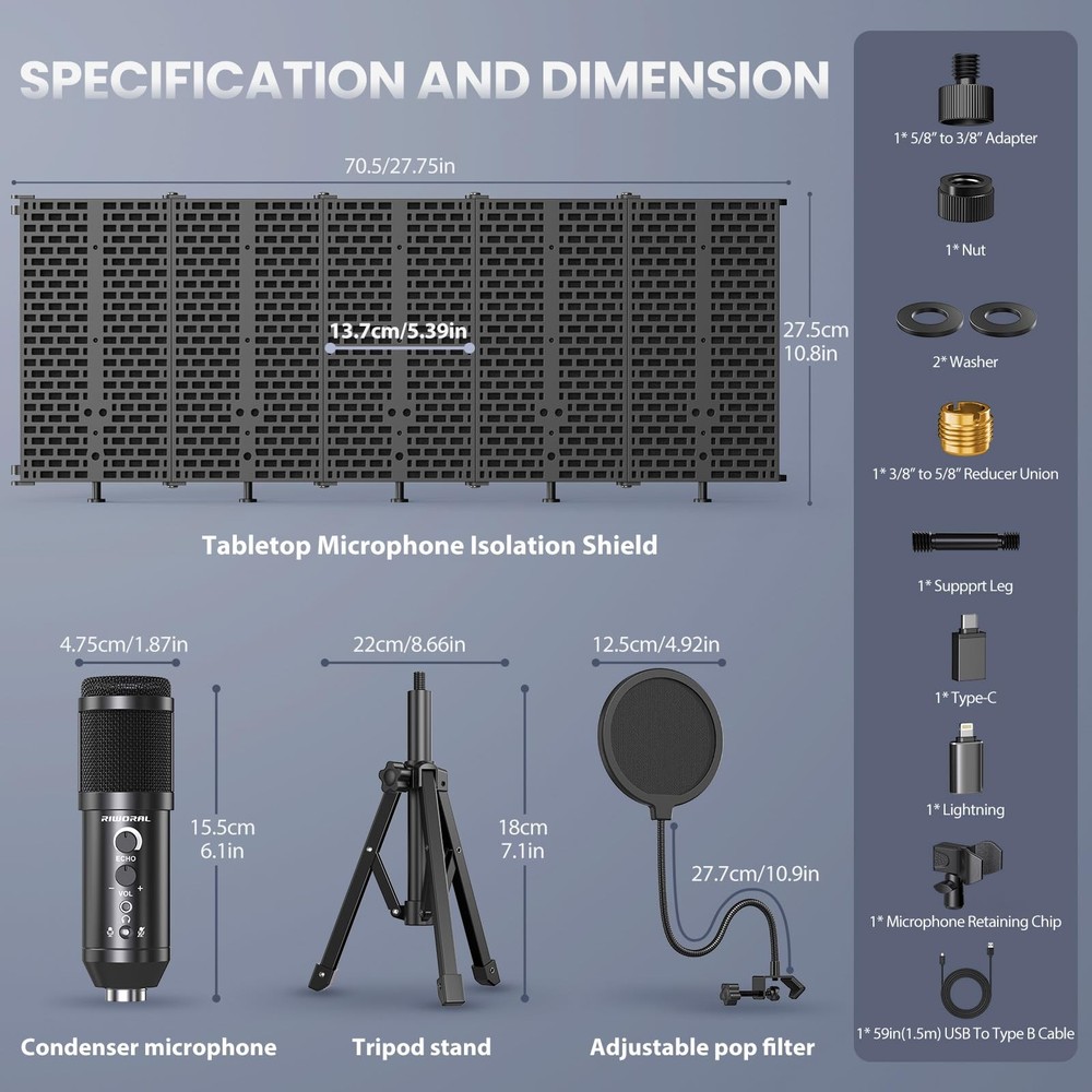 Riworal Studio Recording Microphone Isolation Shield with Pop Filter &Tri-Sta...