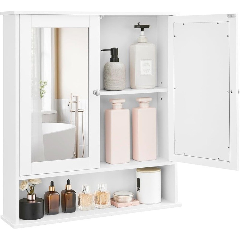 Bathroom Wall Cabinet W/ Mirrored Doors Height Adjustable Shelf Open Compartment