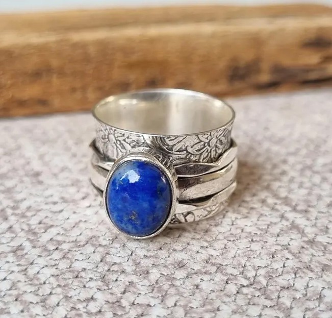 Solid 925 Sterling Silver Spinner Lapis Lazuli Stone Floral Meditation Band Ring
