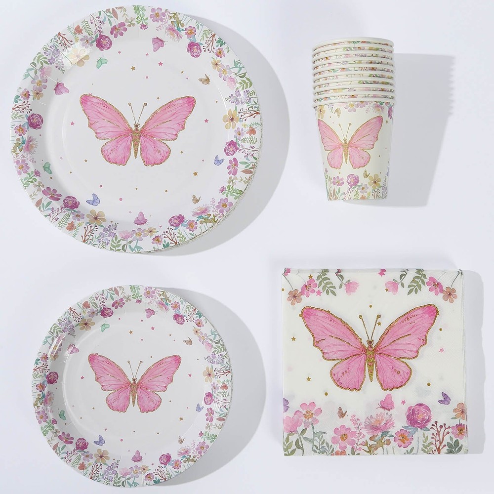96 WHITE PINK Butterfly Print Disposable TABLEWARE Set Party Events Decorations