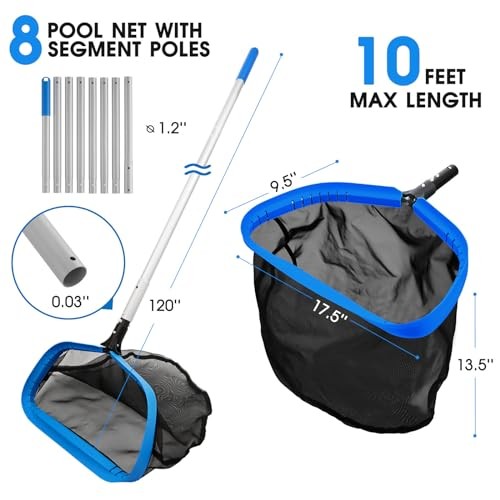 17.5'' Self-repair Pool Net with Pole 10 Ft Thick Aluminum 8 Sections
