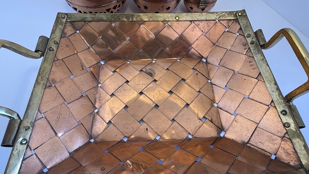 Woven Copper & Brass Tray With Three Hinged Decor Balls