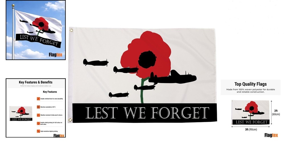 Double-Sided Remembrance Flag 3ft x 2ft - Brass Eyelets for Security