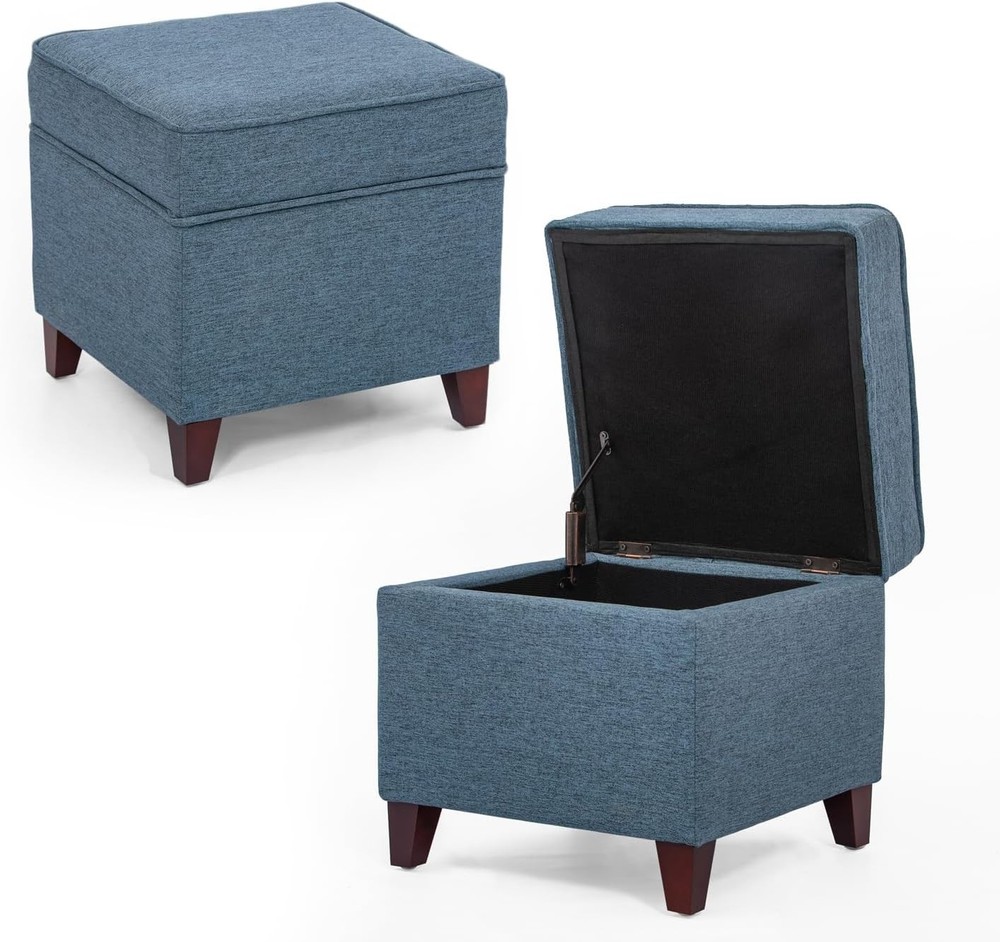 Blue storage bench with hinged lid and solid wood legs, linen-covered footstool
