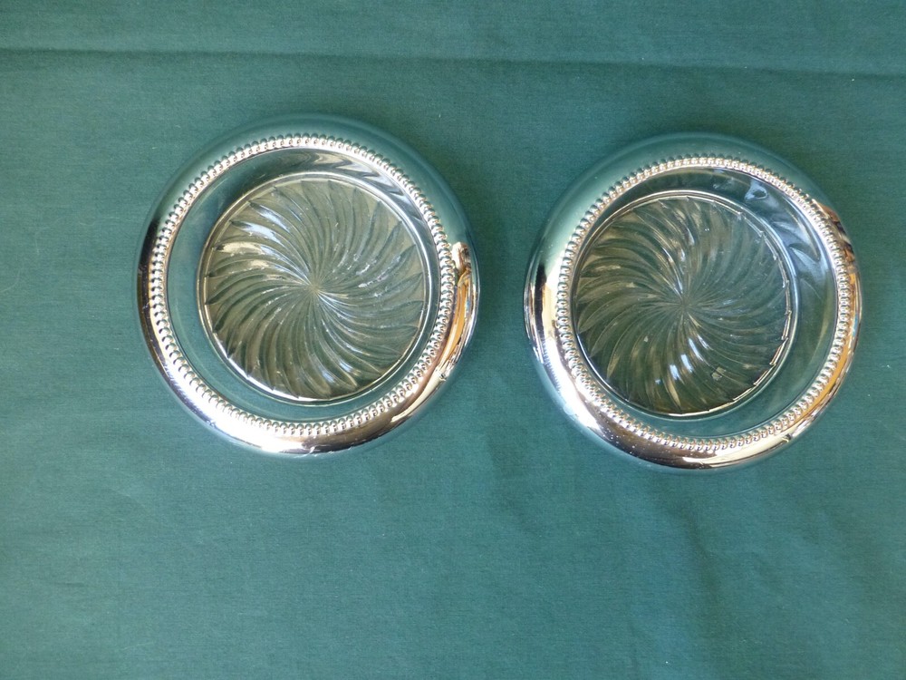 Two Unmarked Silver Plated ?  and Glass Coasters