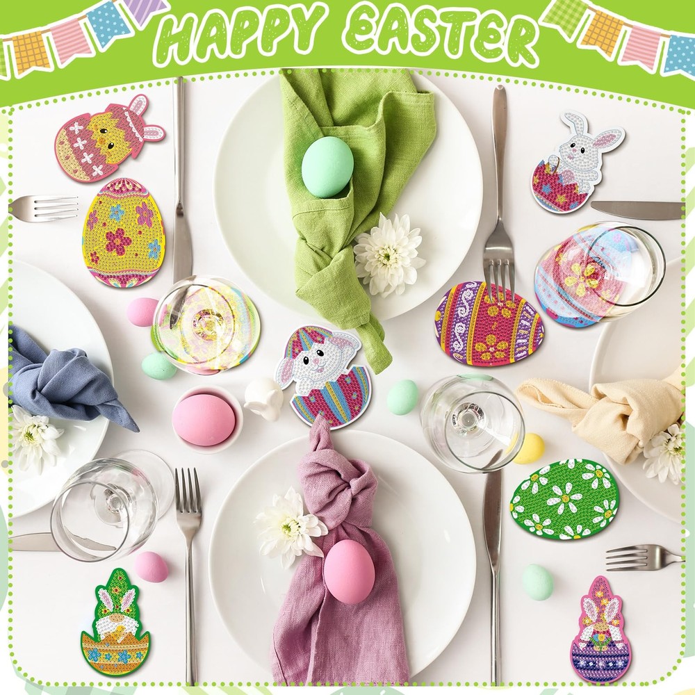 FairySandy 10 Pcs Easter Diamond Painting Coasters Egg Bunny Medium, As Shown