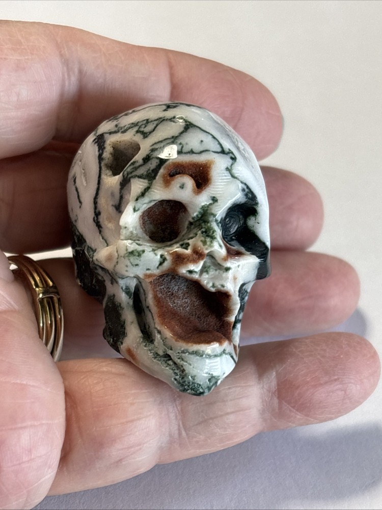 1.8" Geode Moss Agate Crystal Skull Figurine